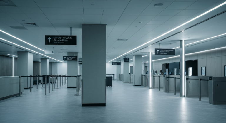 Modern, empty off-airport security checkpoint with TSA signage and efficient architectural design.