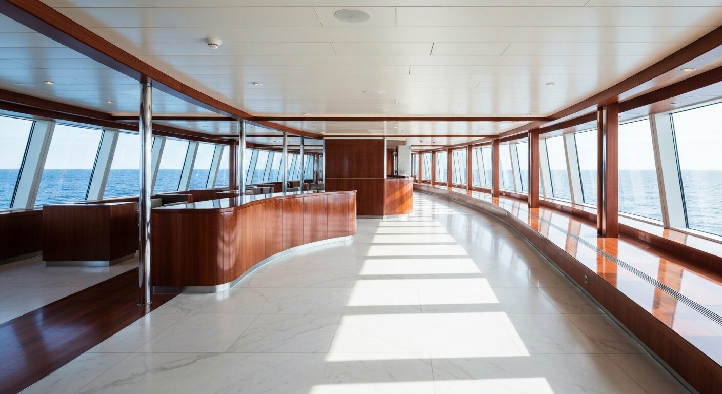 Empty, luxurious interior lounge of the Crystal Serenity cruise ship.