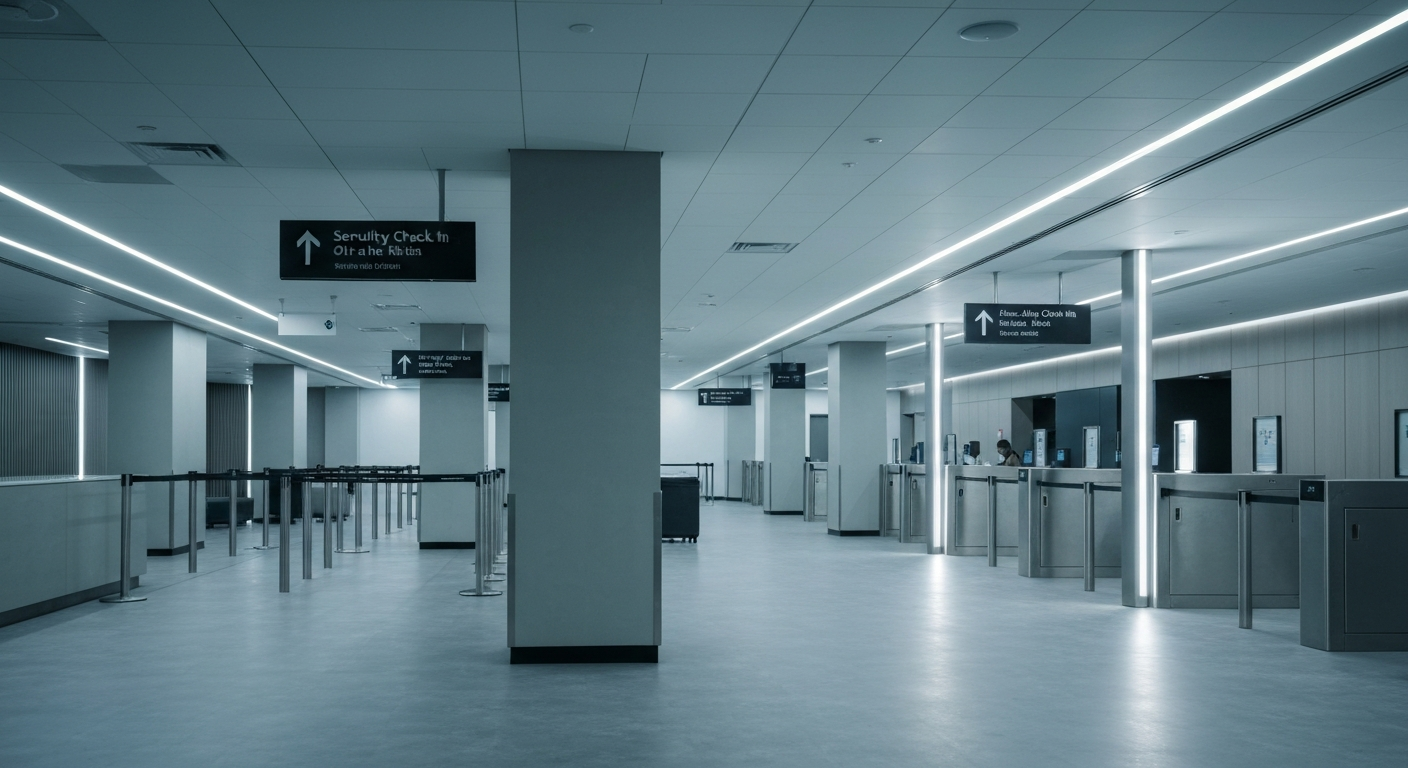 Modern, empty off-airport security checkpoint with TSA signage and efficient architectural design.
