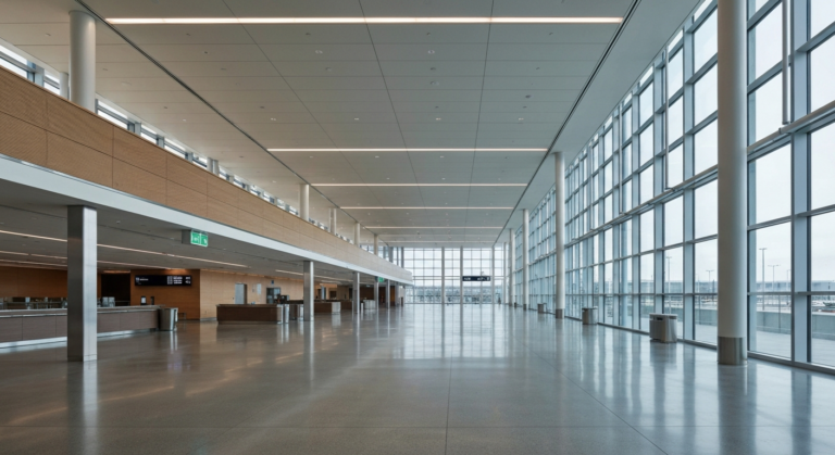 Modern, empty passenger facility interior at Boston Logan International Airport with sleek design