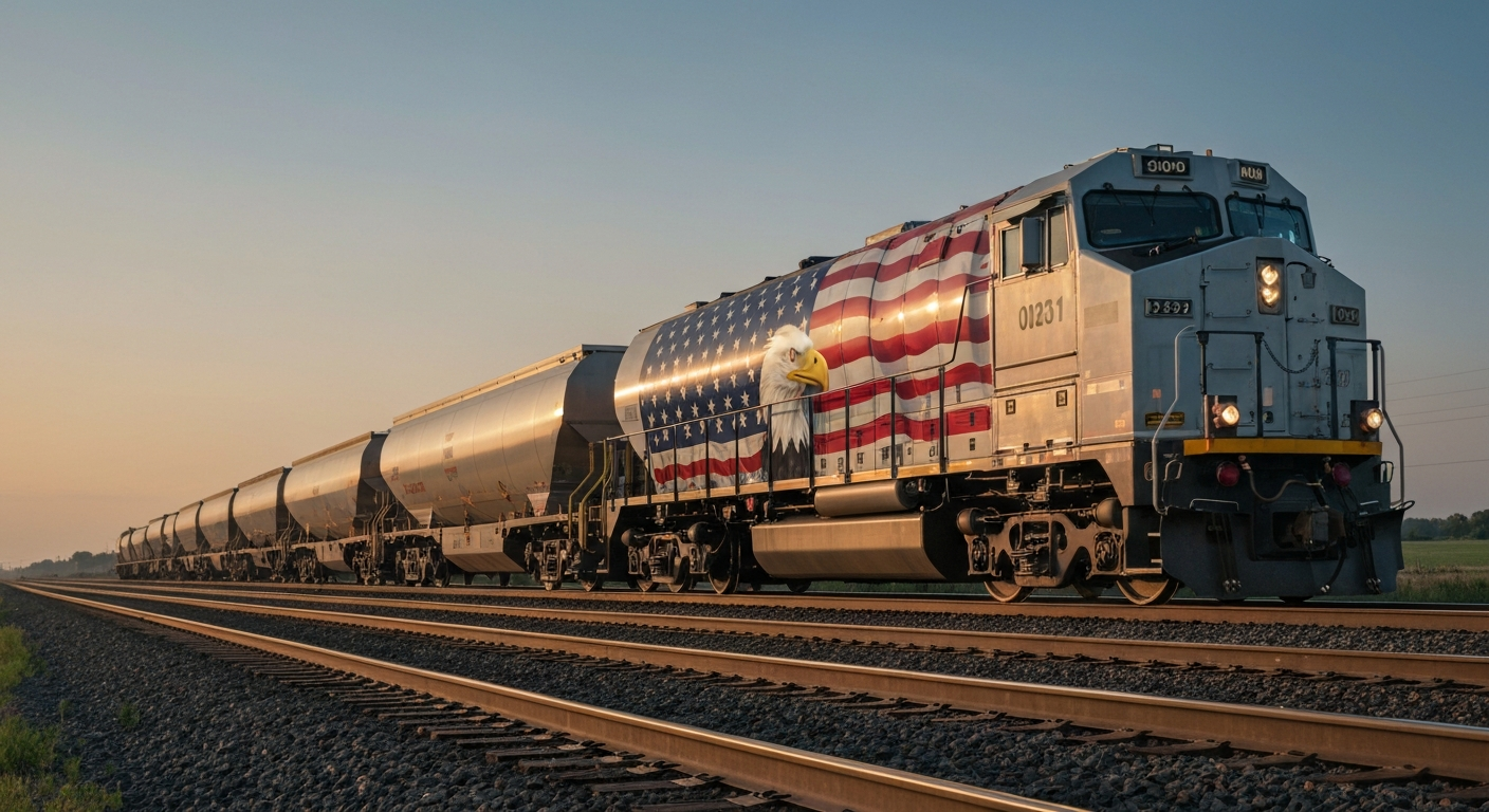 Modern freight covered hopper railcar adorned with American flag design on a scenic railway