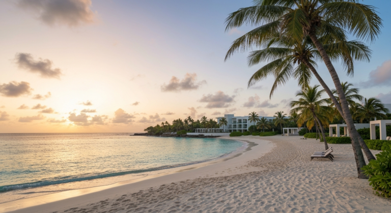 Pristine white sand beach in Barbados with clear turquoise water and palm trees at dawn.