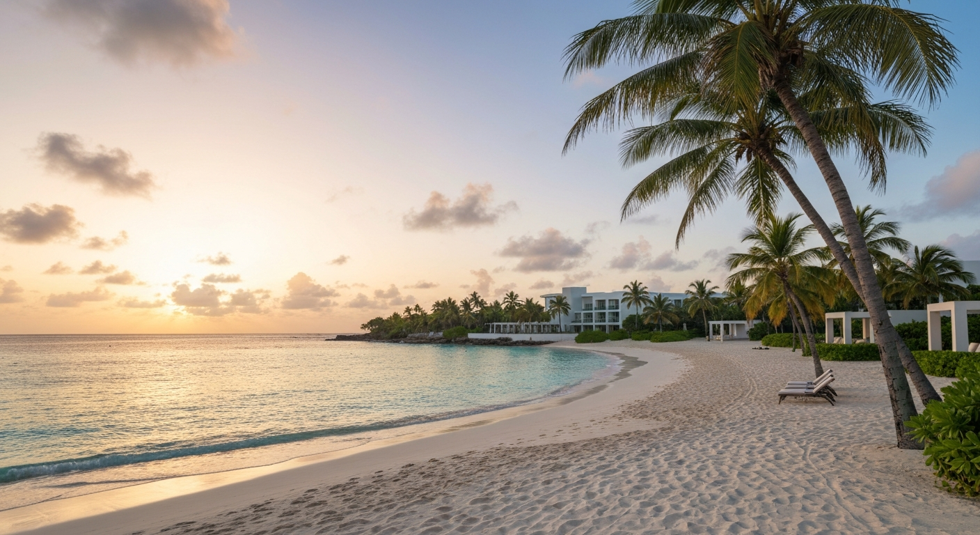 Pristine white sand beach in Barbados with clear turquoise water and palm trees at dawn.