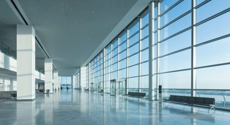 Empty modern airport terminal with natural light