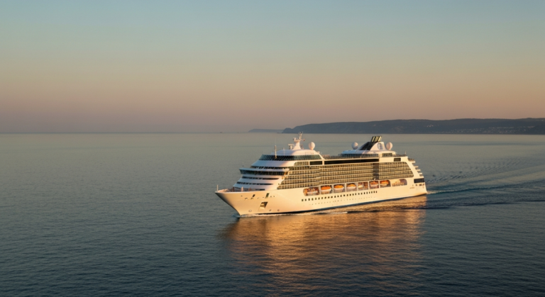 Elegant luxury cruise ship on calm ocean waters at sunset, reflecting warm light