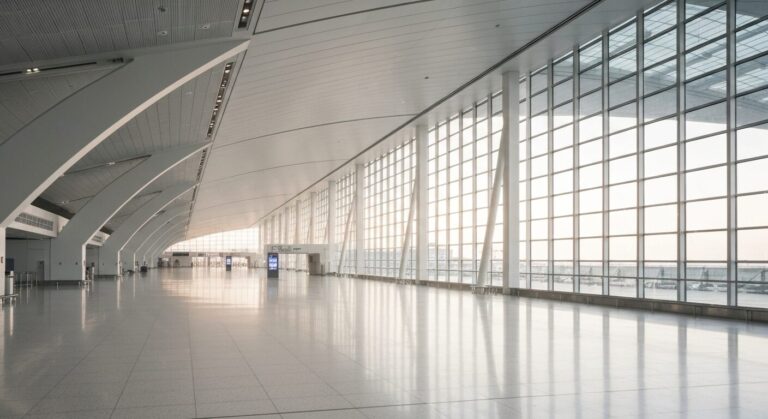 Empty modern airport terminal with new departure board showing international flights.