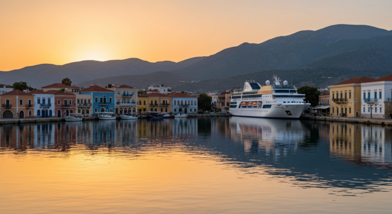 Modern cruise ship docked in the scenic harbor of Agios Nikolaos, Crete, at sunset.