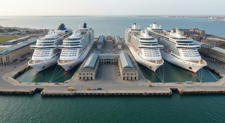 Dover Port with four cruise ships docked simultaneously, showcasing port architecture.
