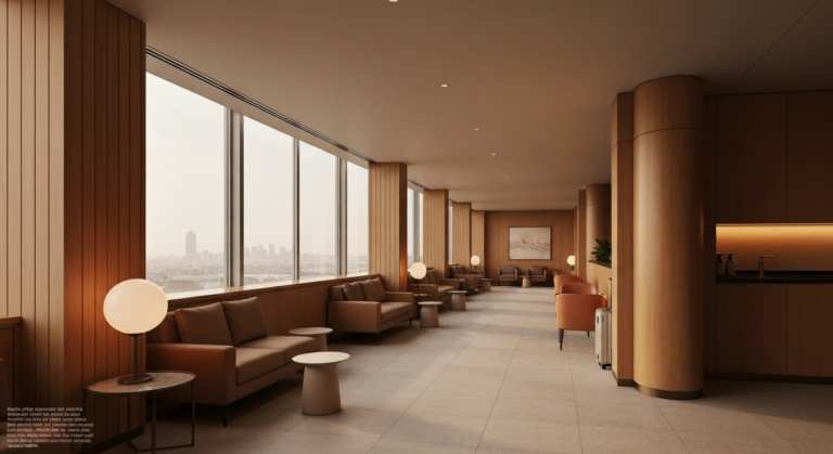 Modern airport lounge interior with elegant design and comfortable seating, reflecting premium travel.