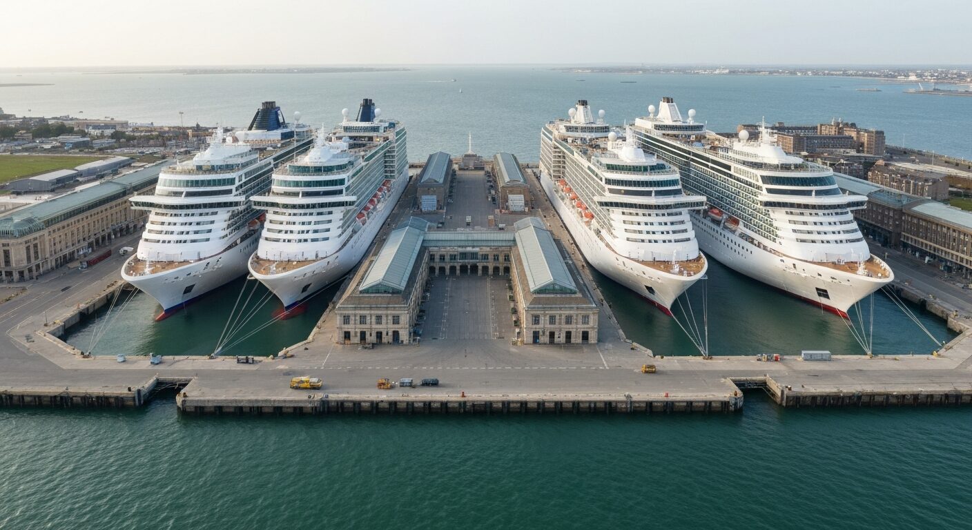 Dover Port with four cruise ships docked simultaneously, showcasing port architecture.