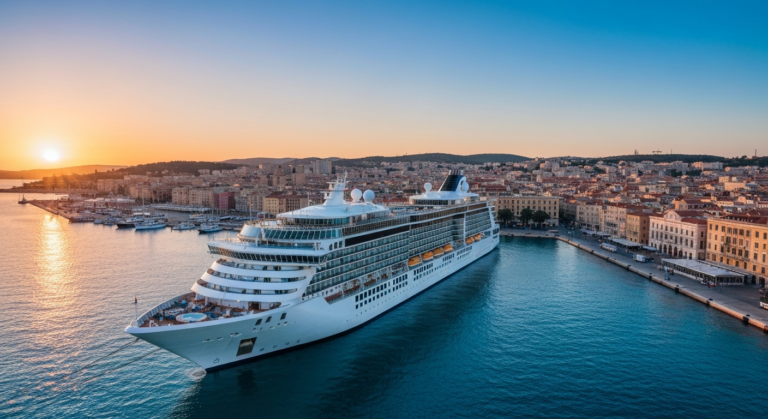 Modern luxury cruise ship docked in a beautiful Mediterranean port city at sunset