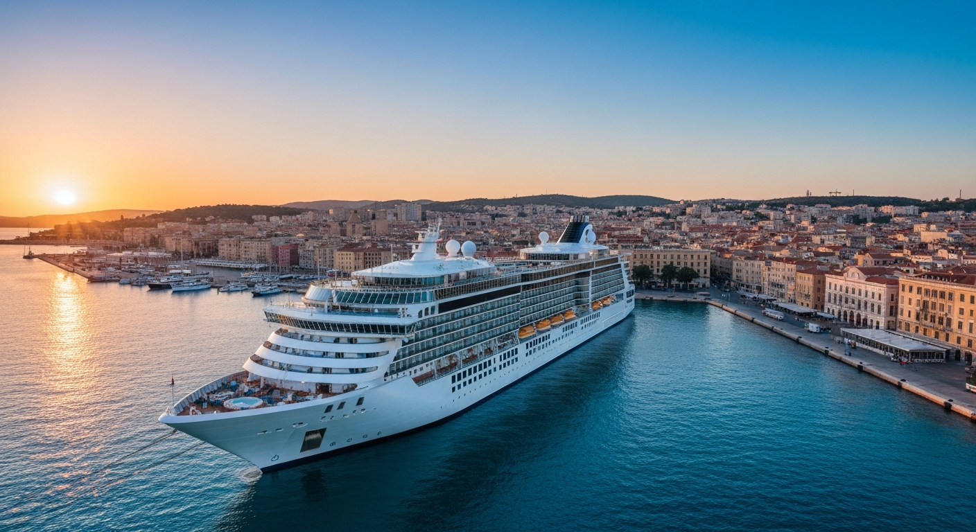 Modern luxury cruise ship docked in a beautiful Mediterranean port city at sunset