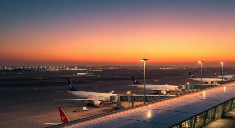 Modern airport terminal representing global connectivity and international travel at sunrise