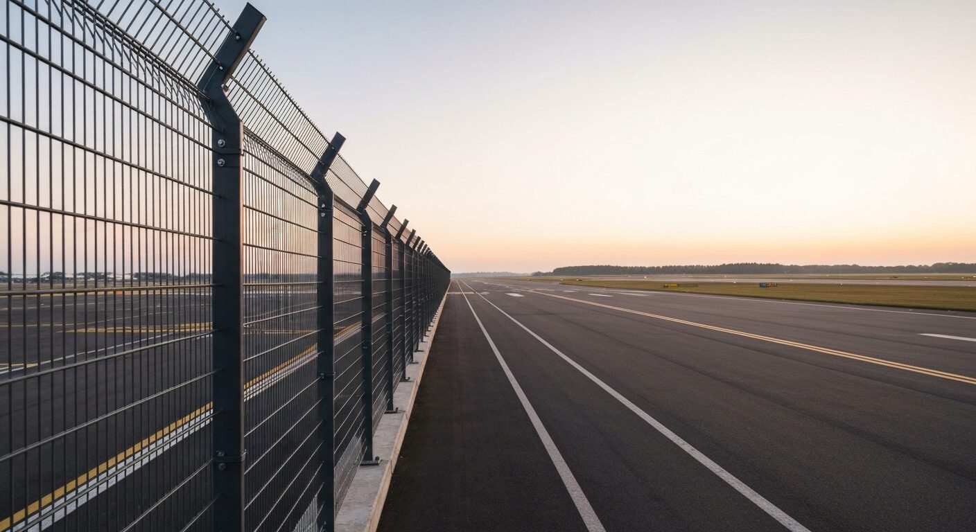 Empty airport perimeter fence with runway in the background at dawn, representing enhanced security.