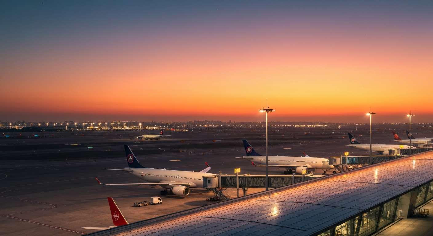 Modern airport terminal representing global connectivity and international travel at sunrise