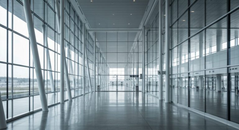 Empty modern airport terminal with glass windows and polished floors.