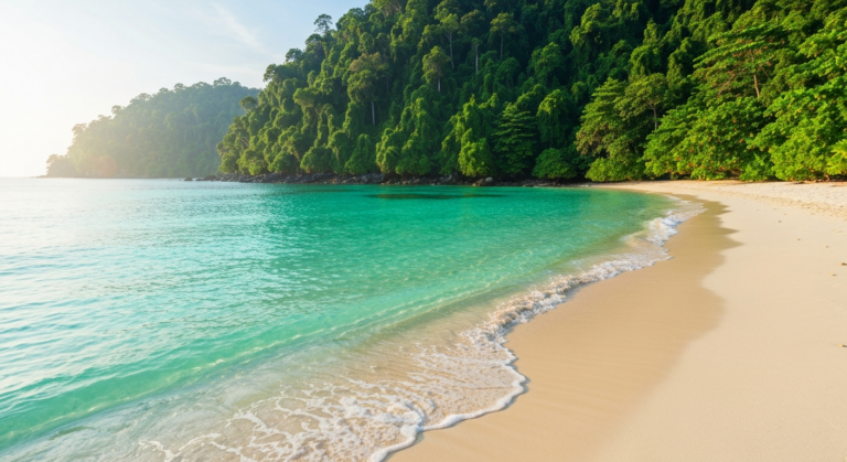 Pristine Thai beach with turquoise waters and lush jungle, reflecting sustainable tourism efforts.