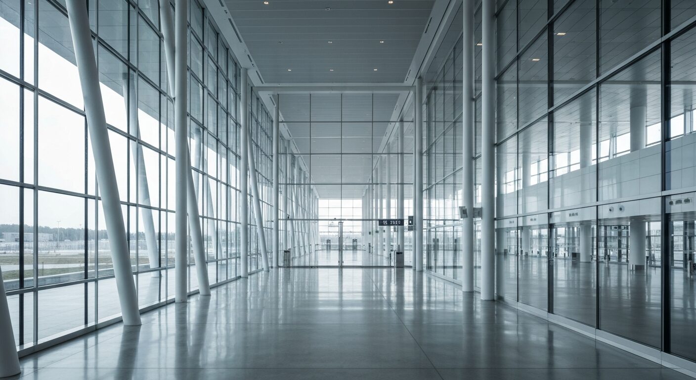 Empty modern airport terminal with glass windows and polished floors.