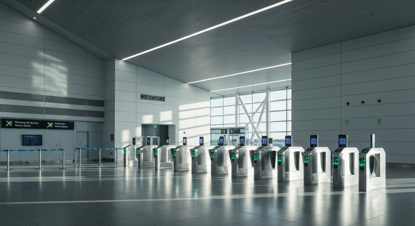 Modern, empty international arrivals hall at Melbourne Airport with automated border gates.