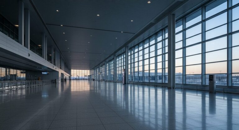 Empty modern airport terminal with elegant architecture and natural light.