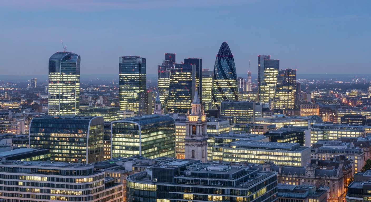 London's iconic cityscape at twilight with illuminated buildings and modern architecture.