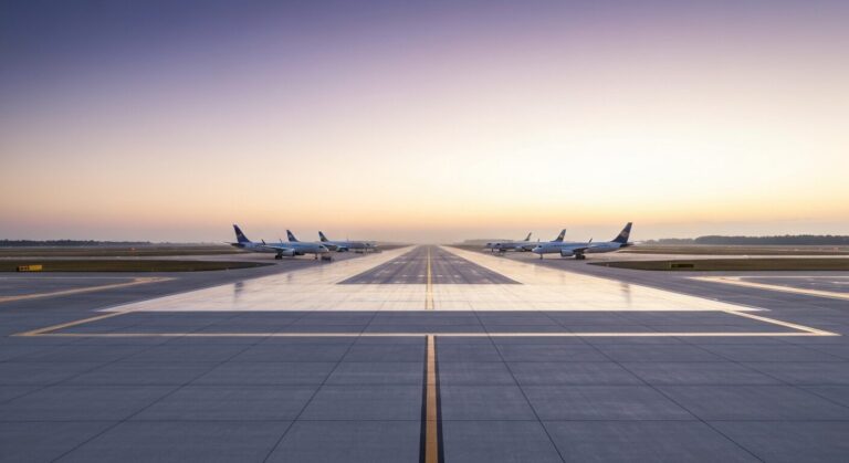 Empty airport runway with parked aircraft at dawn.