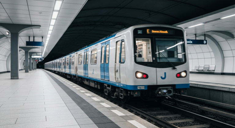 Modern J-series subway train on platform at a sophisticated Berlin U-Bahn station.