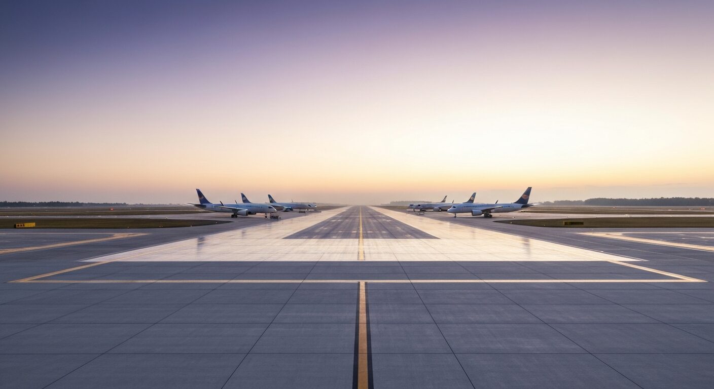 Empty airport runway with parked aircraft at dawn.