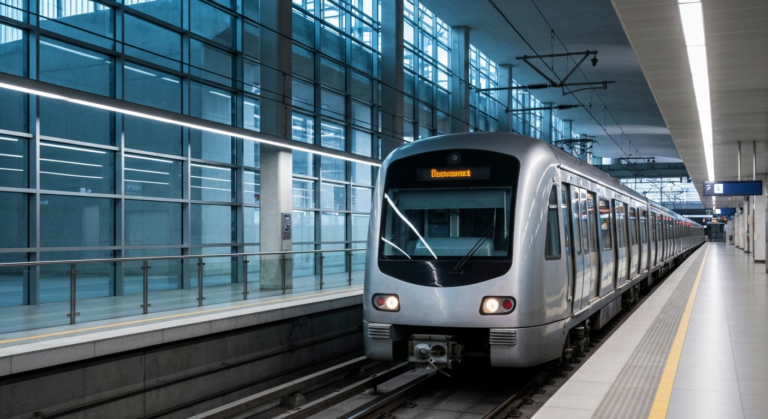 Sleek, modern metro train arriving at a contemporary station platform in Bilbao.