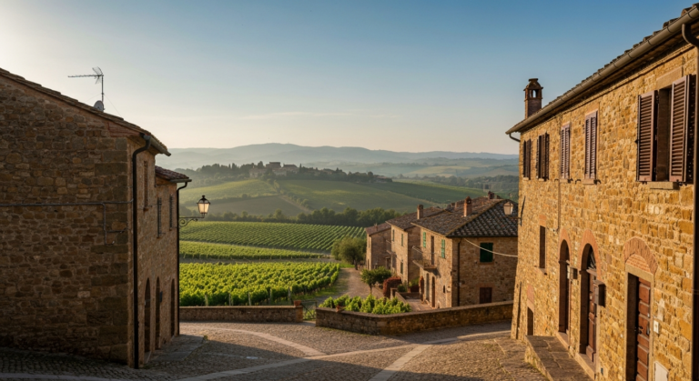 Picturesque Italian village nestled among rolling vineyards under soft morning light