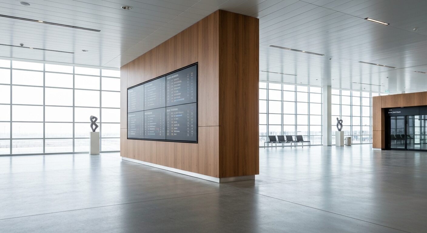 Empty airport departure gate with European flight information on a screen.