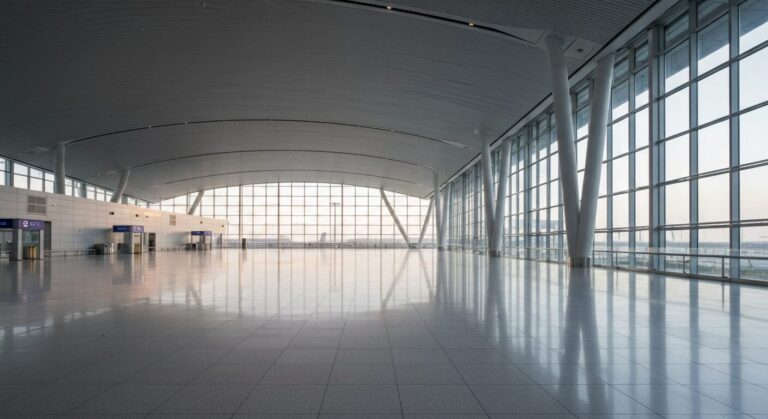 Empty modern airport terminal with symmetrical architecture and soft dawn lighting.
