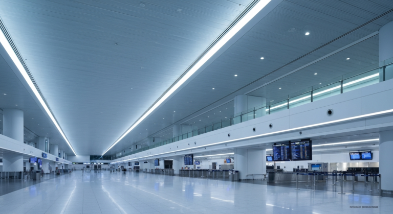 Empty, modern terminal at Miami International Airport with digital display boards and sleek architecture