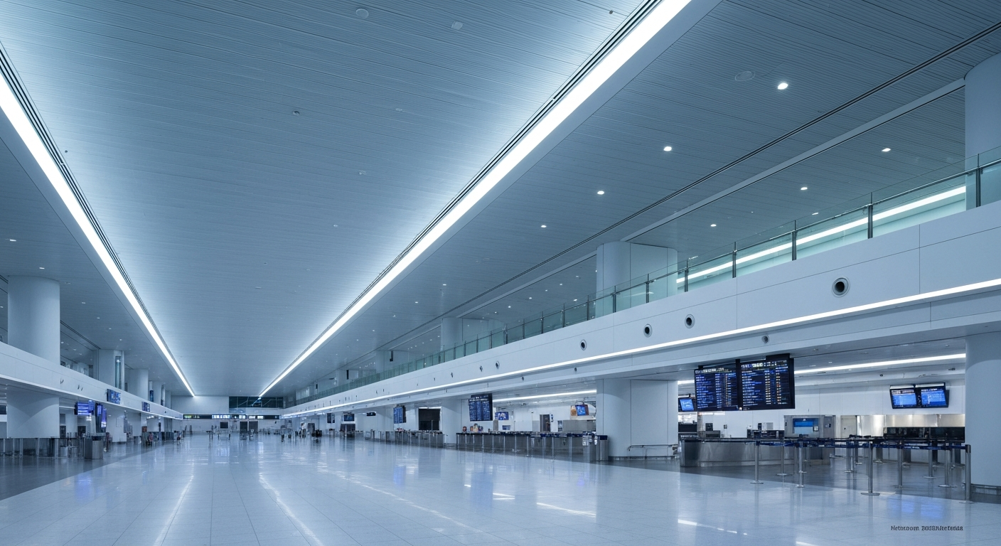 Empty, modern terminal at Miami International Airport with digital display boards and sleek architecture