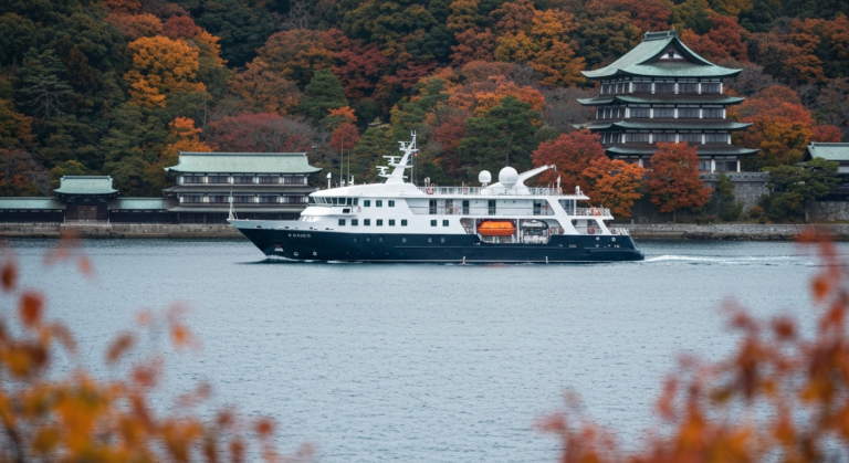 Luxury Hapag-Lloyd expedition ship sailing past scenic Japanese coastline in autumn.