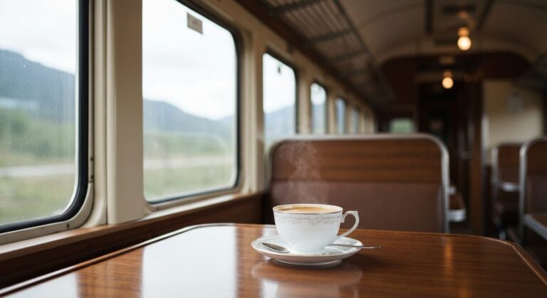 A cup of coffee on a table inside a vintage train car.