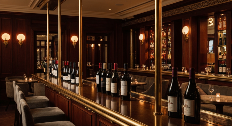 Elegant, dimly lit luxury hotel bar interior showcasing a premium wine collection in London.