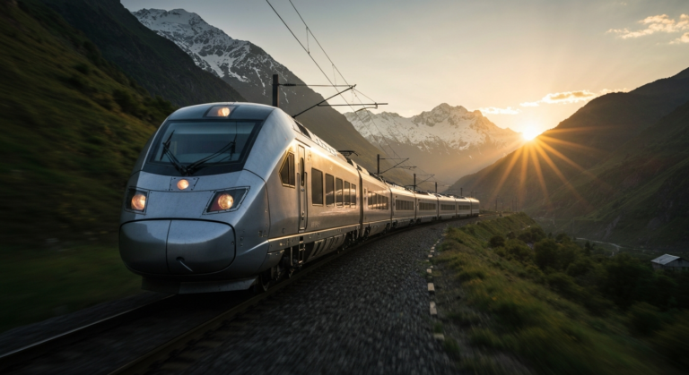 Modern train journeying through the stunning mountainous landscapes of the Caucasus at dawn