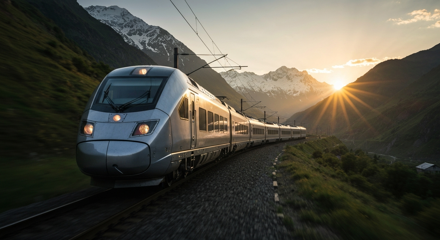 Modern train journeying through the stunning mountainous landscapes of the Caucasus at dawn