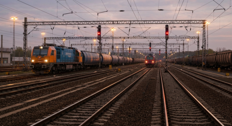 Modern shunting locomotive operating in a well-lit, efficient rail yard in Poland.