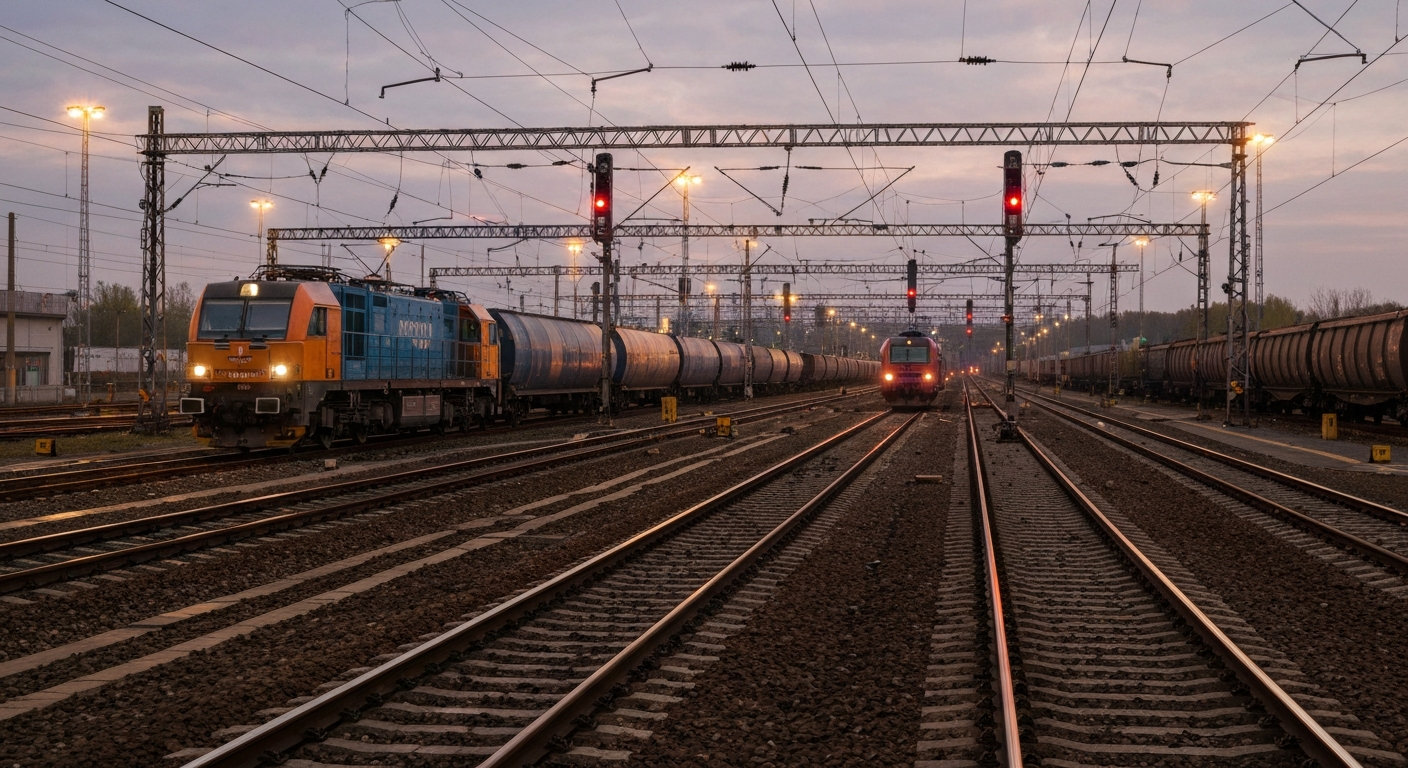 Modern shunting locomotive operating in a well-lit, efficient rail yard in Poland.