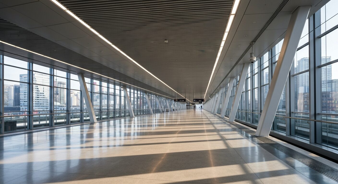 Empty modern train station platform with natural light and minimalist architecture.