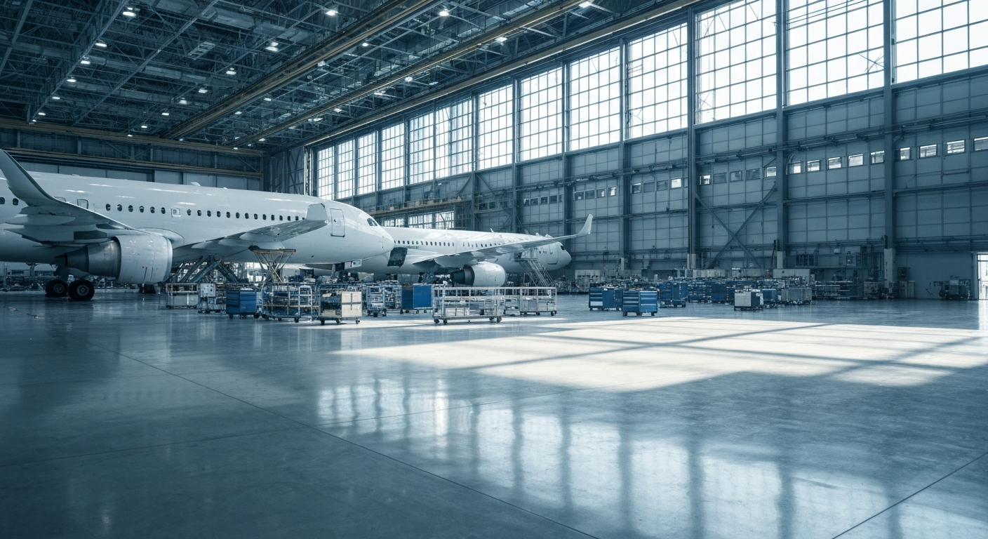Interior of a vast, brightly lit airline maintenance hangar accommodating multiple widebody aircraft.