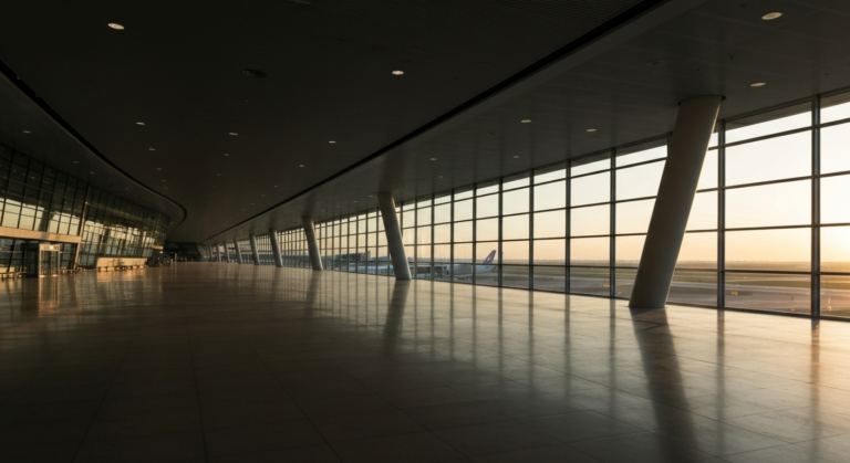Empty, modern airport terminal bathed in soft dawn light, showcasing sleek architectural design.