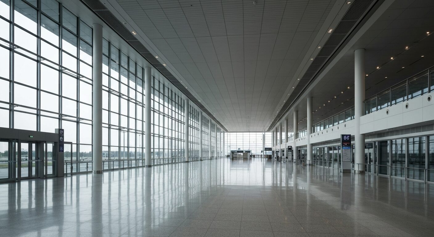 Empty, modern airport terminal interior with polished floors and natural light.