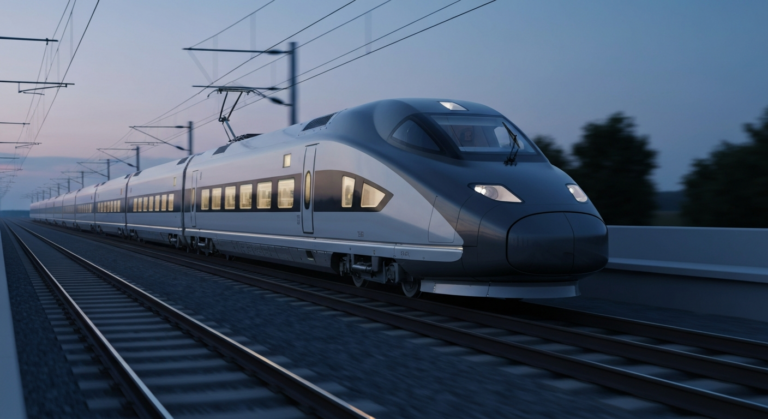 Sleek high-speed train on modern tracks, subtly illuminated to suggest data-driven operations.