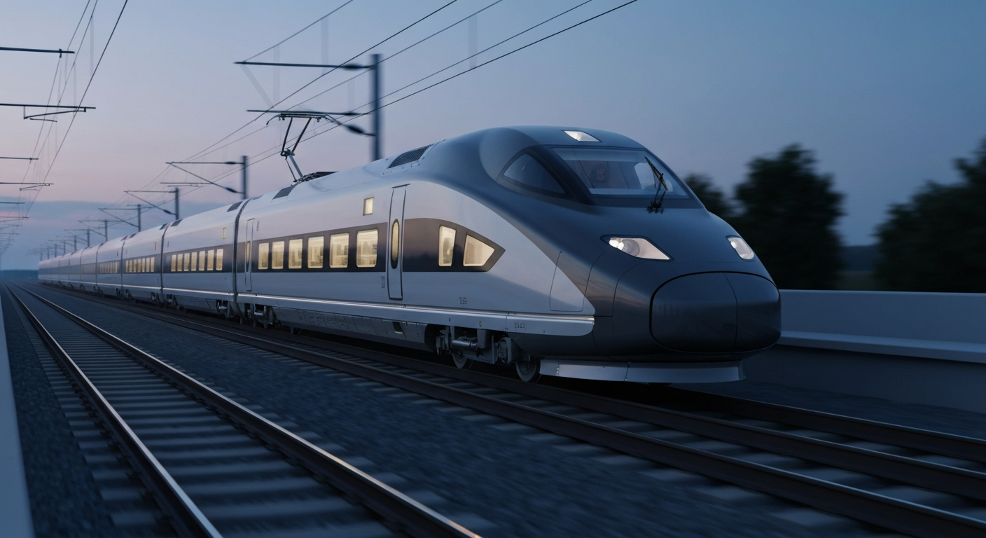 Sleek high-speed train on modern tracks, subtly illuminated to suggest data-driven operations.