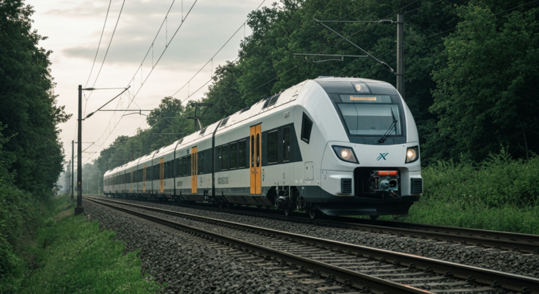 Modern hybrid battery-electric train traveling through a scenic green landscape in Slovakia