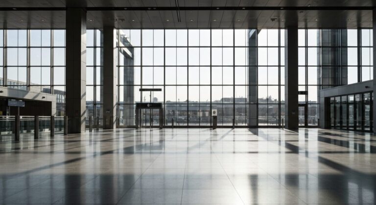 Empty, modern train station concourse bathed in natural light, showcasing minimalist architecture.