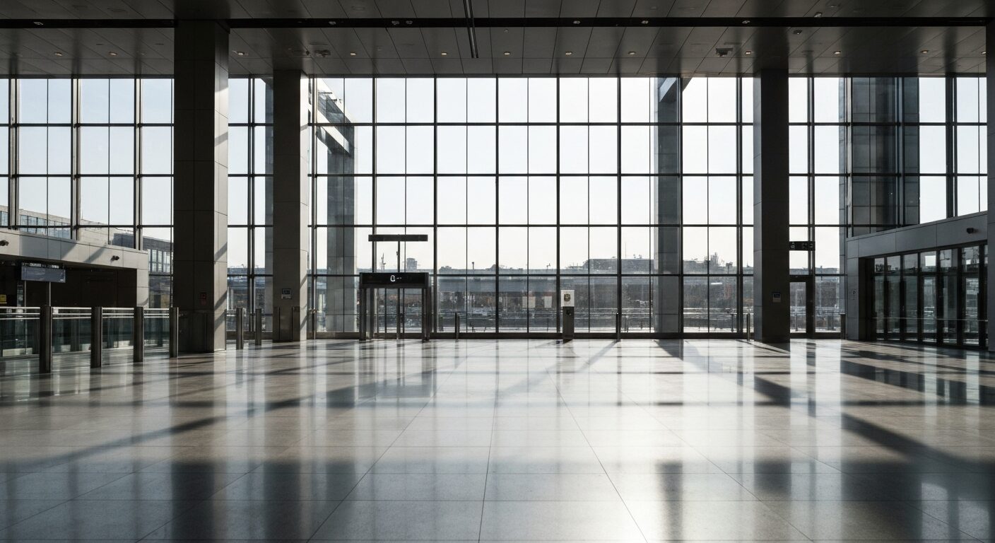 Empty, modern train station concourse bathed in natural light, showcasing minimalist architecture.